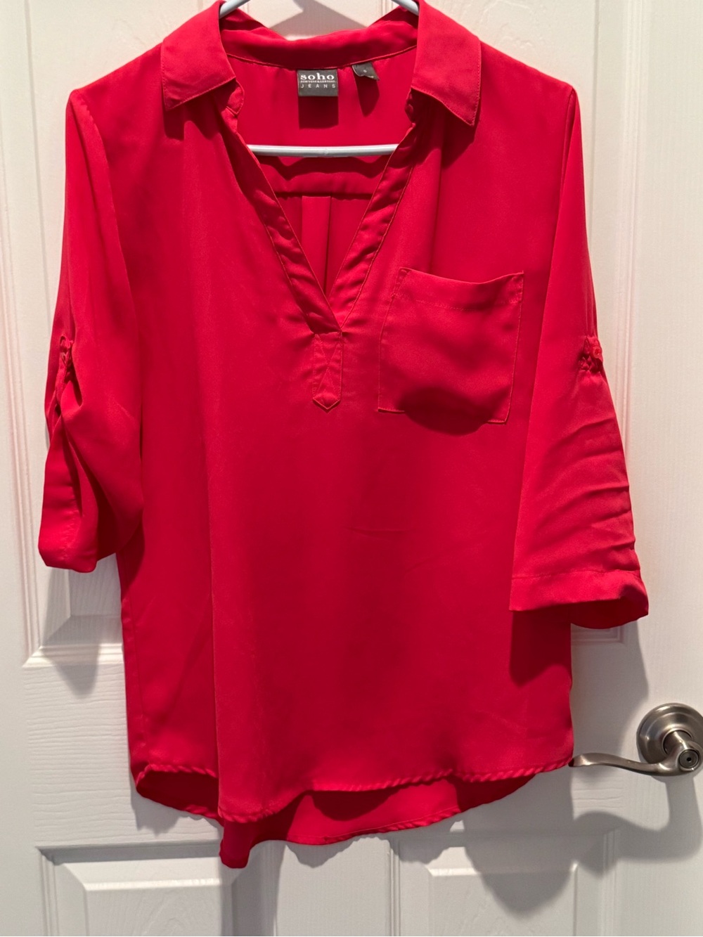 Women's coral V-Neck Roll-Sleeve Blouse soft and flowing